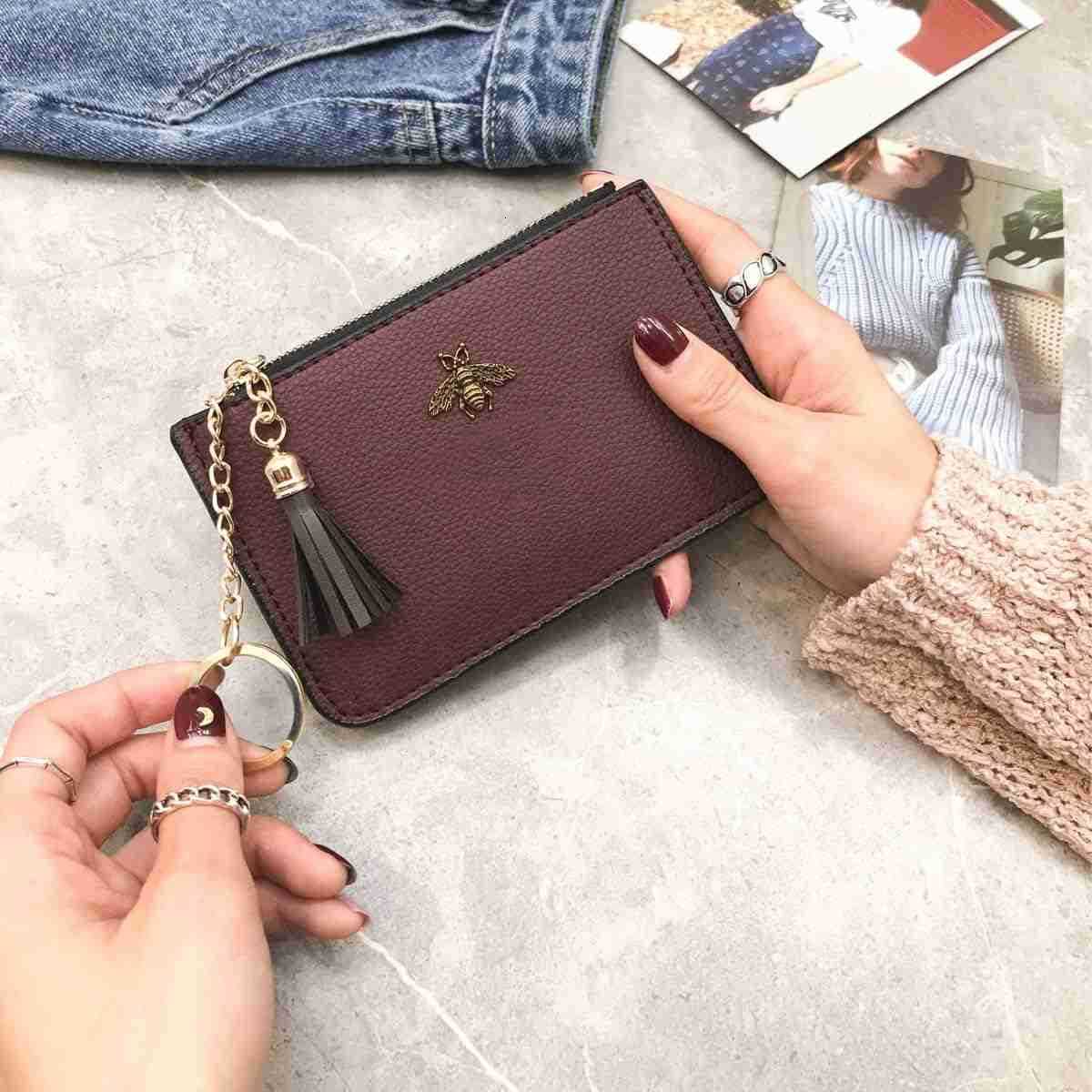 Coin Purse Change Wallet Pouch Leather Card Holder with Key Chain Tassel ZipBurgundyW250911