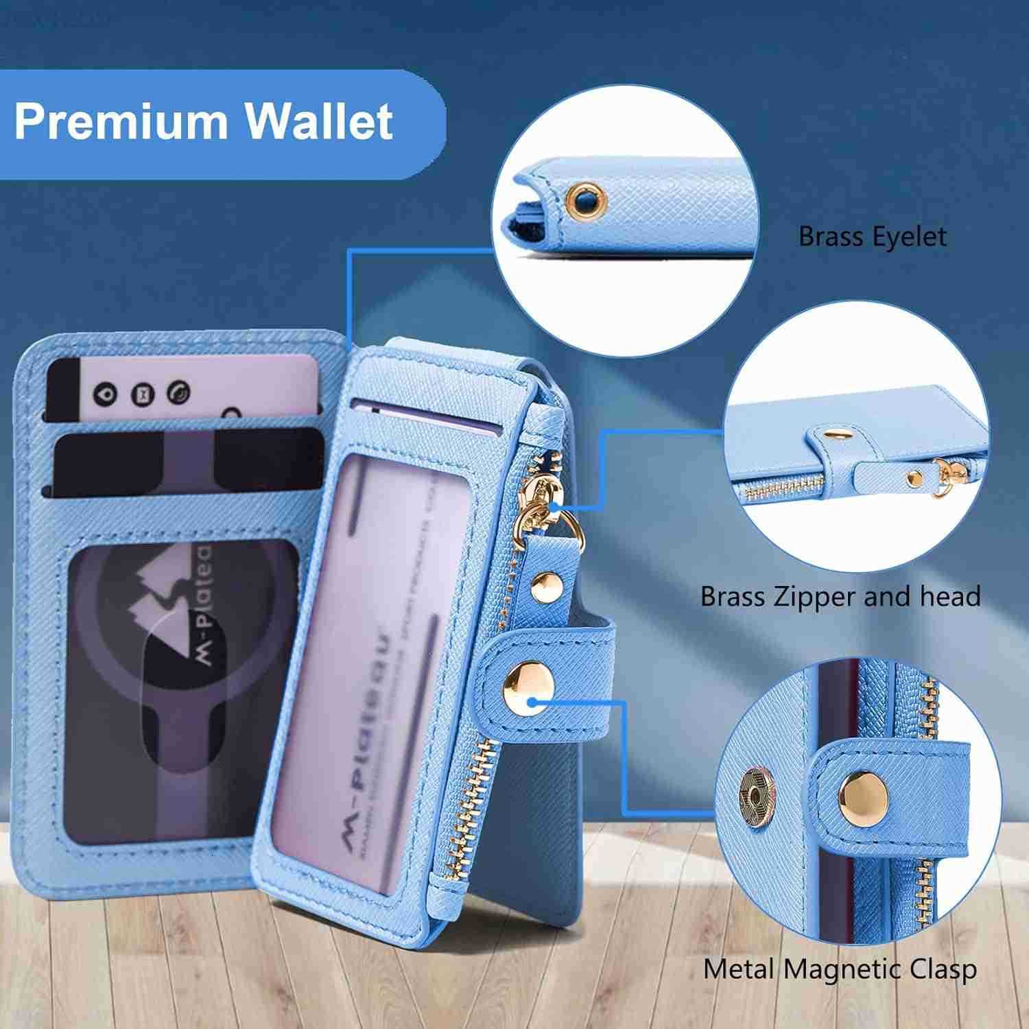 Wallet Womens Wallet Leather Keychain Wallet With Zipper Coin Pocket ID Window Wrist Strap Gift Box Sky BlueW250911