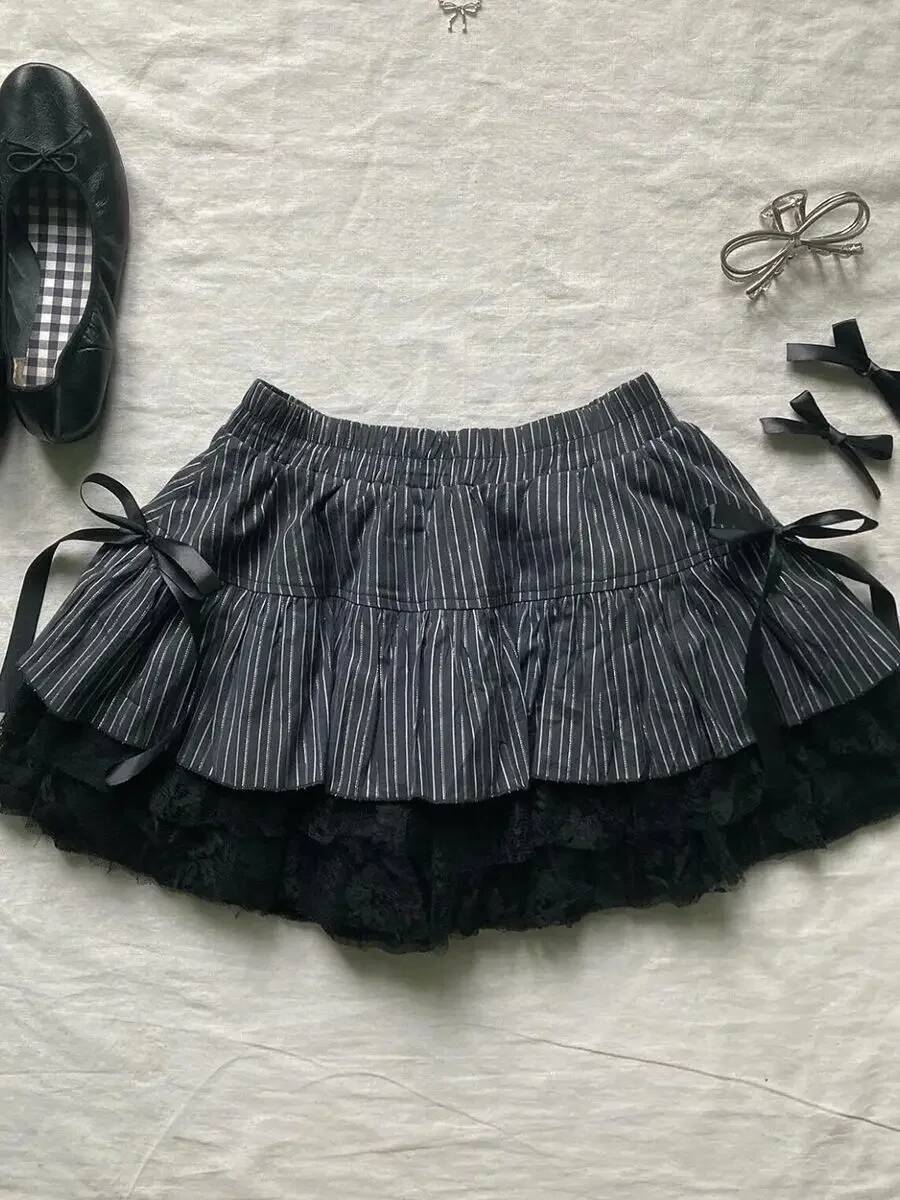 Punk Y2k Women Clothes Goth Sexy Ropa Aesthetic Stripe High Waist Lace Bow MIni Skirts Grunge Emo Girl 2000s Short Skirt dongdumaoyi