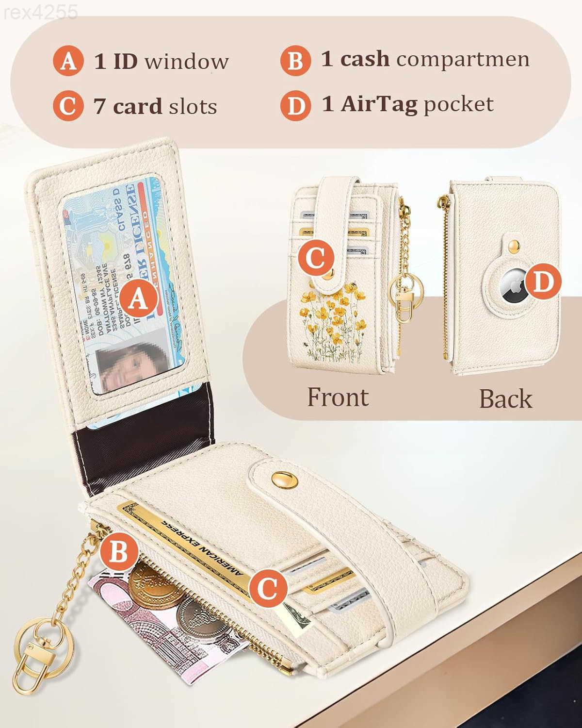 Cute Card Wallet Women with AirTag Holder Daisy Flower Genuine Leather Small Wallets with Keychain RFID Credit Cardholder Air Tag Aesthetic Coin Purse