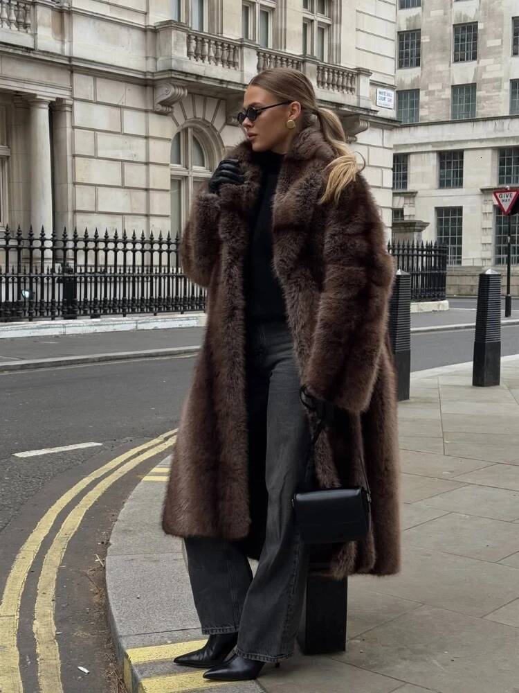 Women's Casual Lapel Faux Fur Long Coat Loose Solid Color Full Sleeve Furry Jackets Ladies Fashion Winter Warm Streerwear Coats