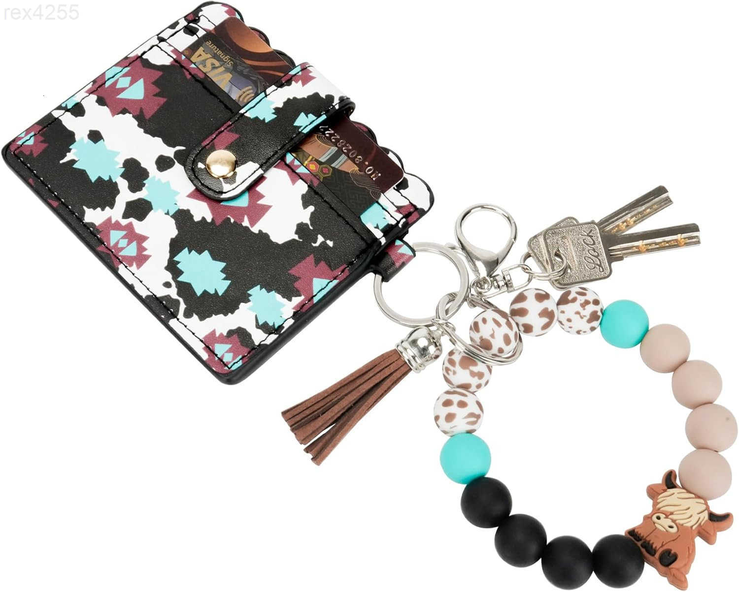 Cow Wristlet Bracelet Keychain with Wallet Card Holder Silicone Beaded Keyring Purse for Women GirlsW250911