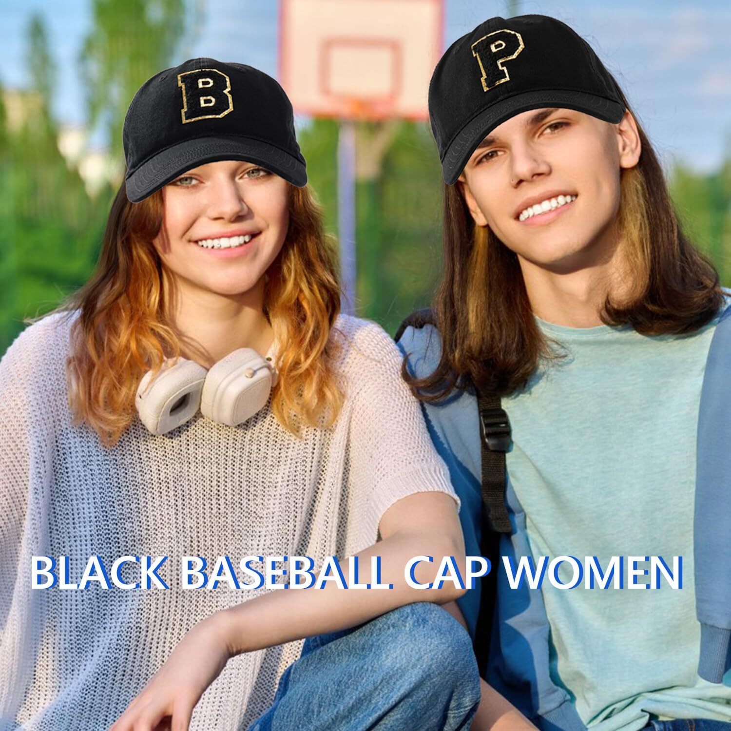 Shiny Letter Initial.s Unstructured Cotton Black Baseball Cap for Women, Adjustable Dad Hat