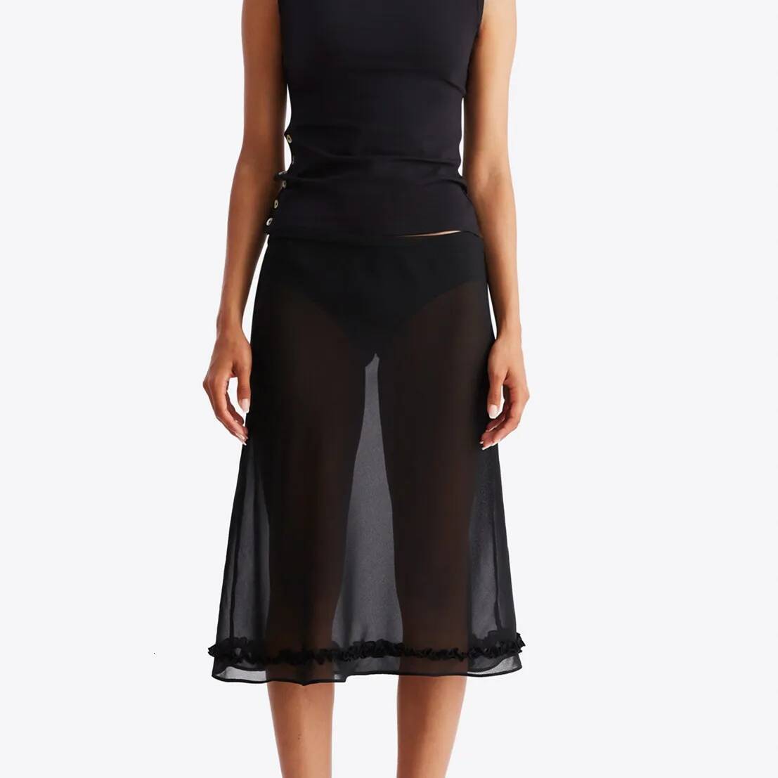 Y2k Fairy Coquette Skirts Dress Women's Midi See Through Low Rise Ruffled Hem Dot Pattern White Black Mesh Sheer Skirt dongdumaoyi