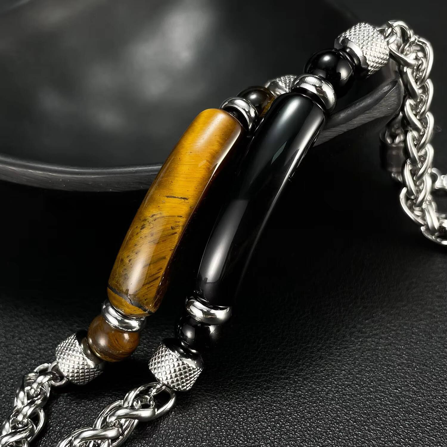 Mens Retro Stainless Steel Chain Stitching Tiger Eye Titanium Steel Bracelet
