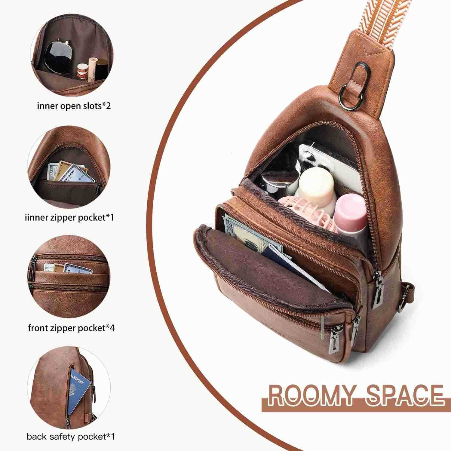 Sling Bag for Women Crossbody Bags Fanny Packs Over Shoulder Bag Sling Purse Backpack Vegan Leather Travel BrownW250911