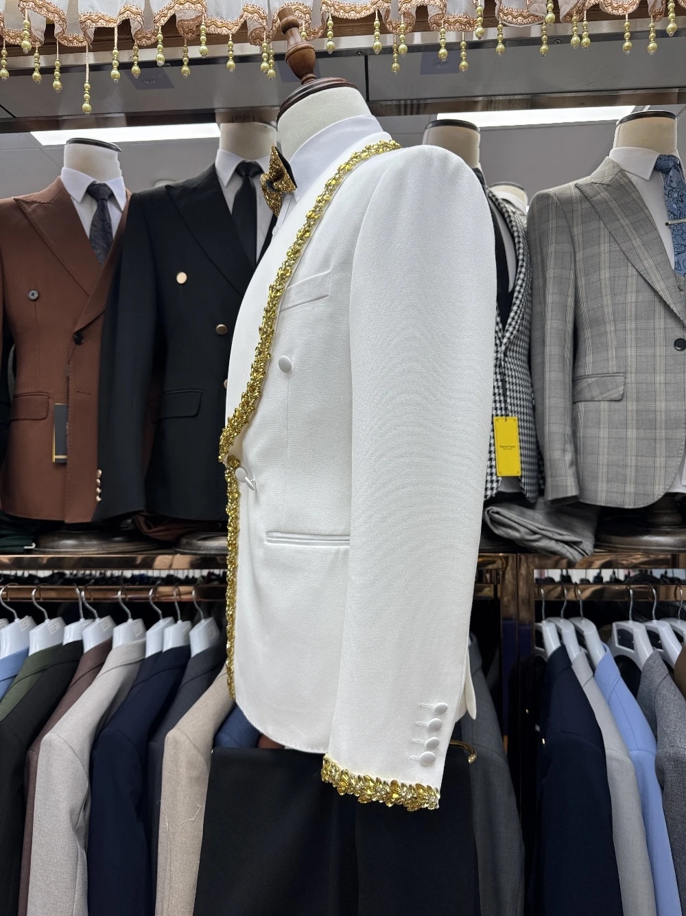 Elegant Men's Suit Shawl Lapel Tailor-Made 2 Pieces Set Jacket Crystal Blazer Double Breasted Groom Customized Coat Black Pants Plus Size