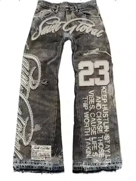 Streetwear Vintage Leather Jacket Jeans Two Piece Y2K Suit Hip Hop Letter Patchwork y Washed Blue Oversized Zipper Coat 250911