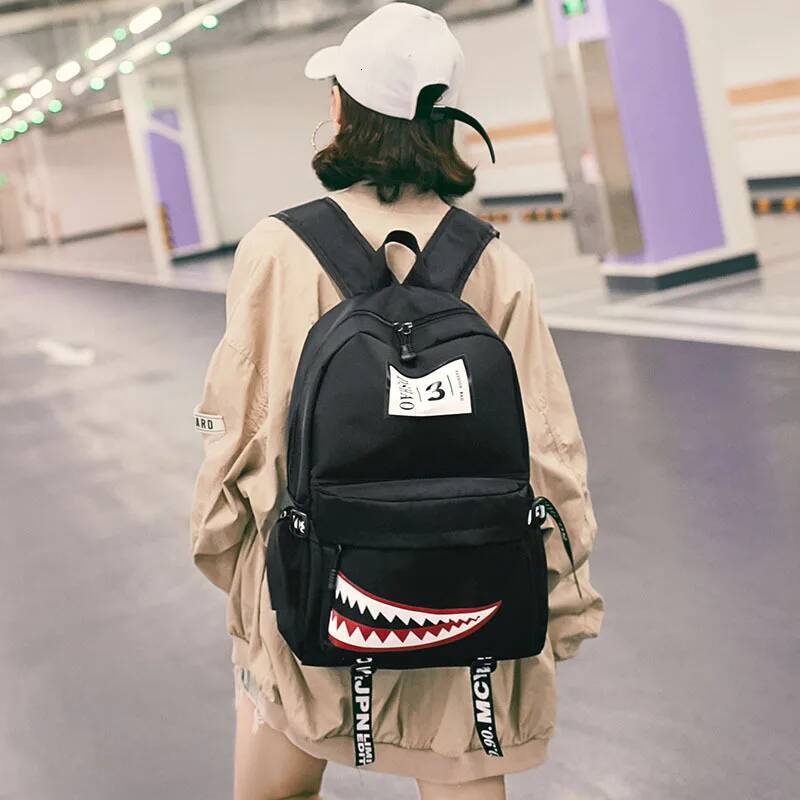 New school designer shark mouth large capacity Men's letter print teenage youth backpacks high-quality