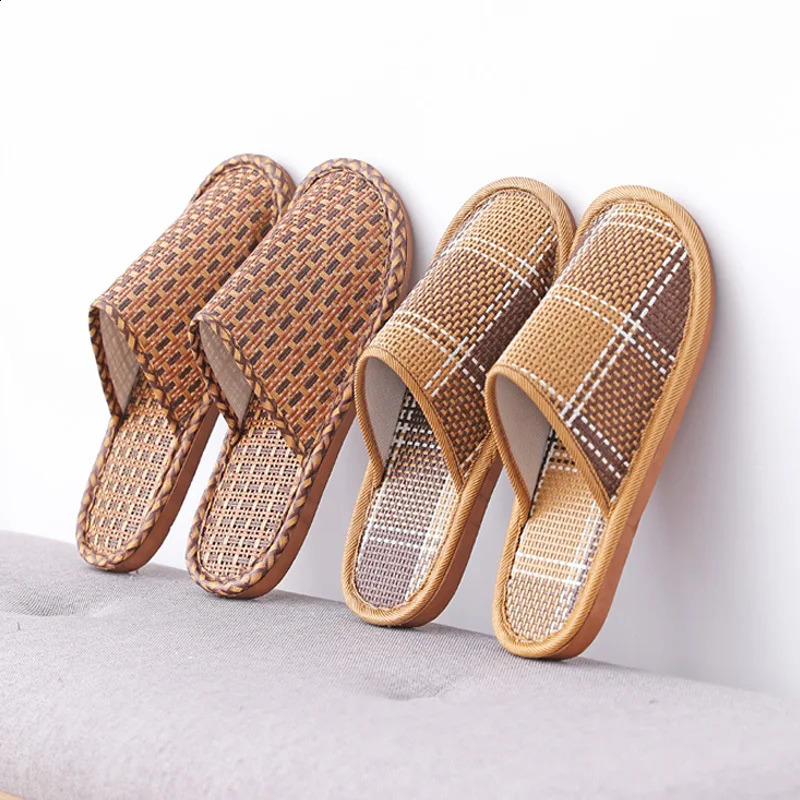 Bamboo Weaving Home Linen Slippers Summer Cooling Woven Rattan Sandals Indoor Nonslip Slides Unisex Bedroom Shoes Zapatillas250906