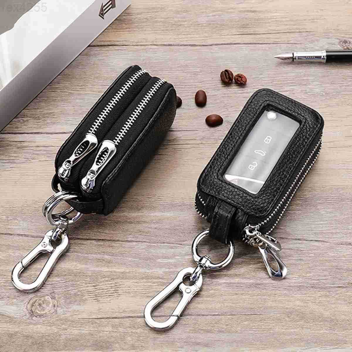 Car Key Fob Case Genuine Leather Remote Keychain Bag with Lanyard and Zipper Closure Key Protection Cover for Men Women PurpleW250911