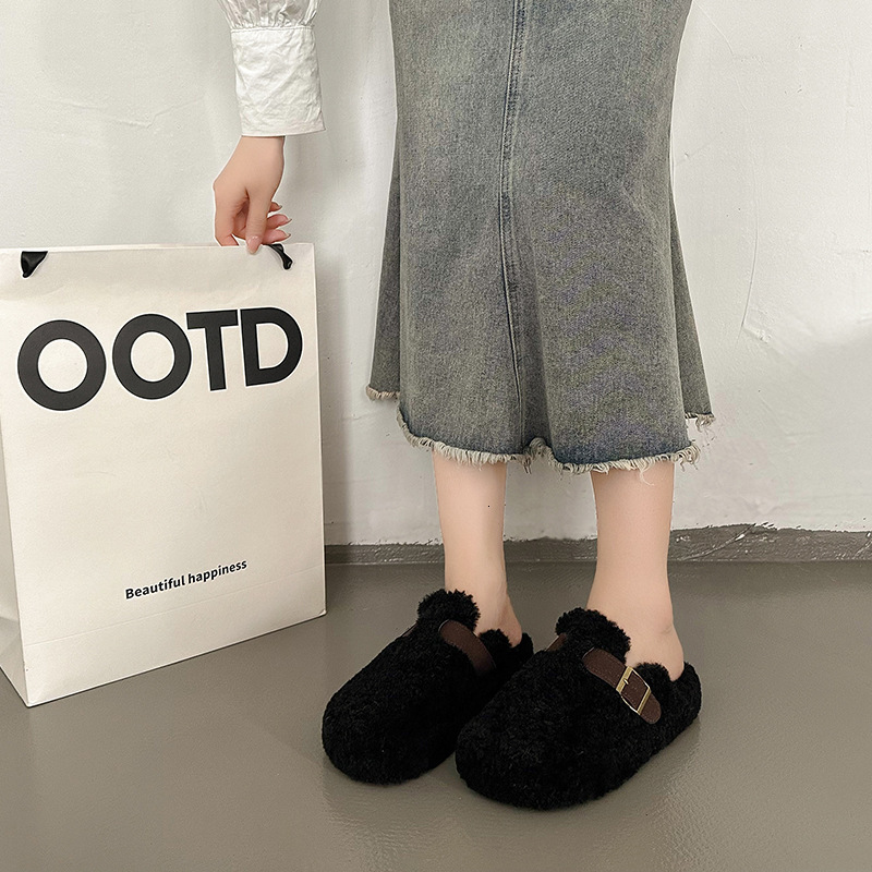 New designer shoes for women's fur leather shoes, winter plush lazy half toe slippers, outdoor new autumn and winter cotton thick soled shoes