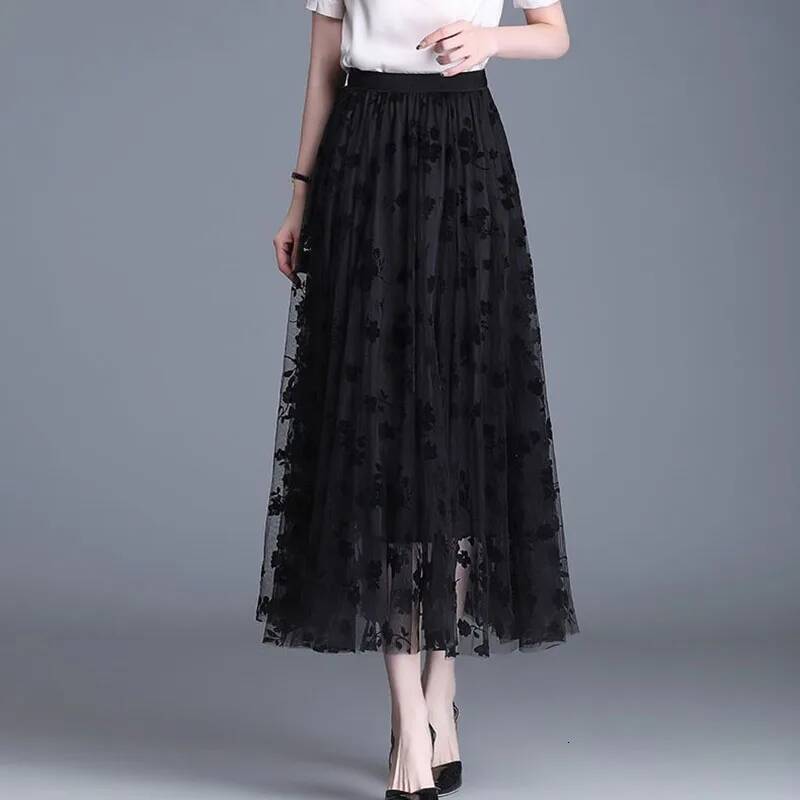 Korean Women Mesh Fashion Hook Flower Loose Midi Skirt Elegant Female Casual All Match Skirts Summer New dongdumaoyi