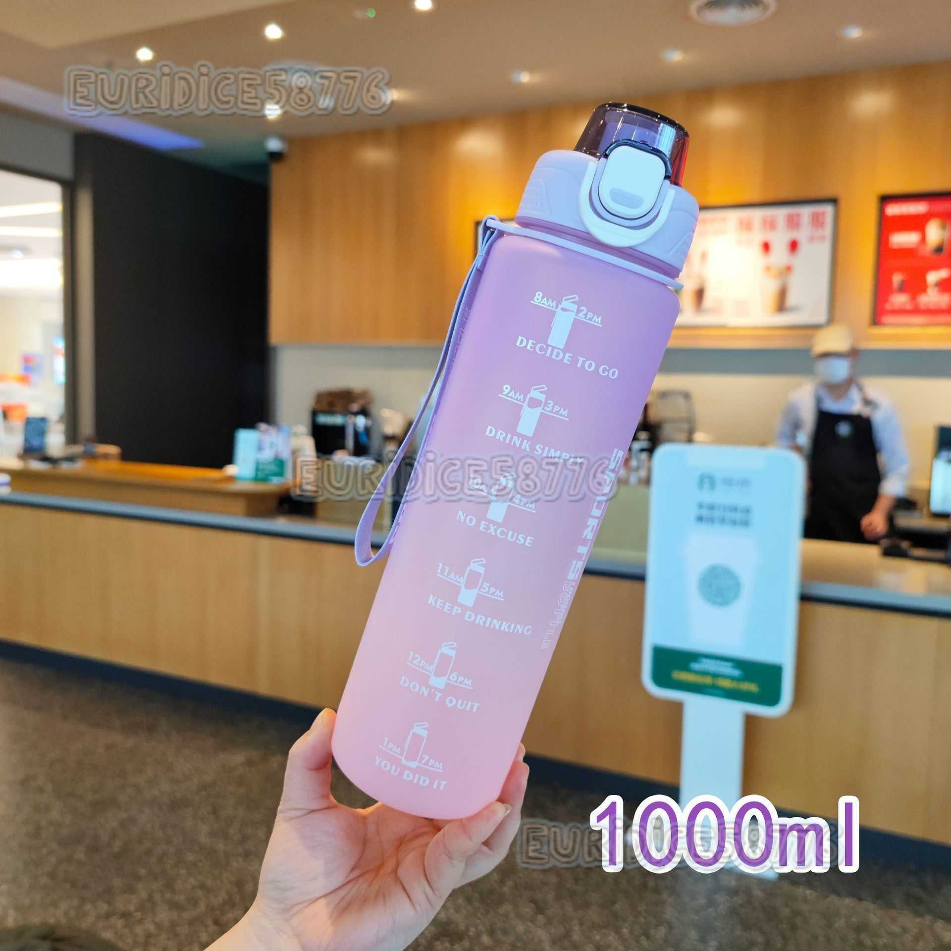 Plastic Water Cups 1000ml Direct Drinking Gradient Color Frosted Portable Strap Sports Fitness Water Bottle H250911