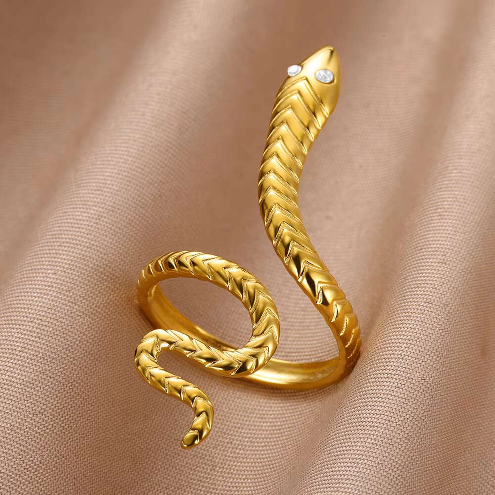 Stainless Steel Snake Gold Plated Open Ring Gothic Punk Style Animal Exaggerated Jewelry