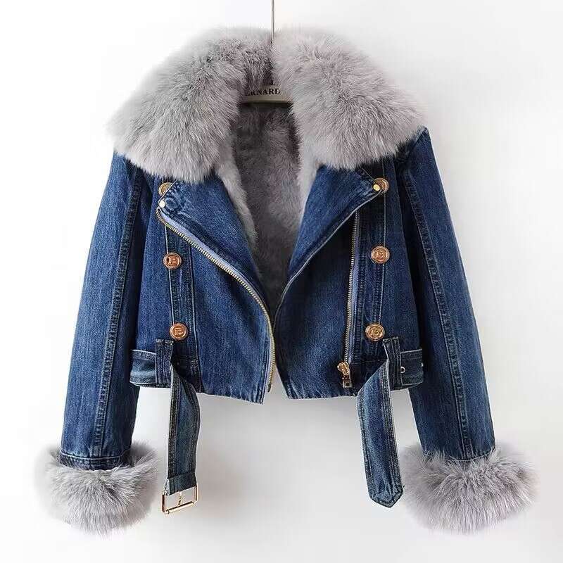 Clothing Autumn And Winter New Removable Rabbit Fur Liner Denim Women's Short Top Party Jacket