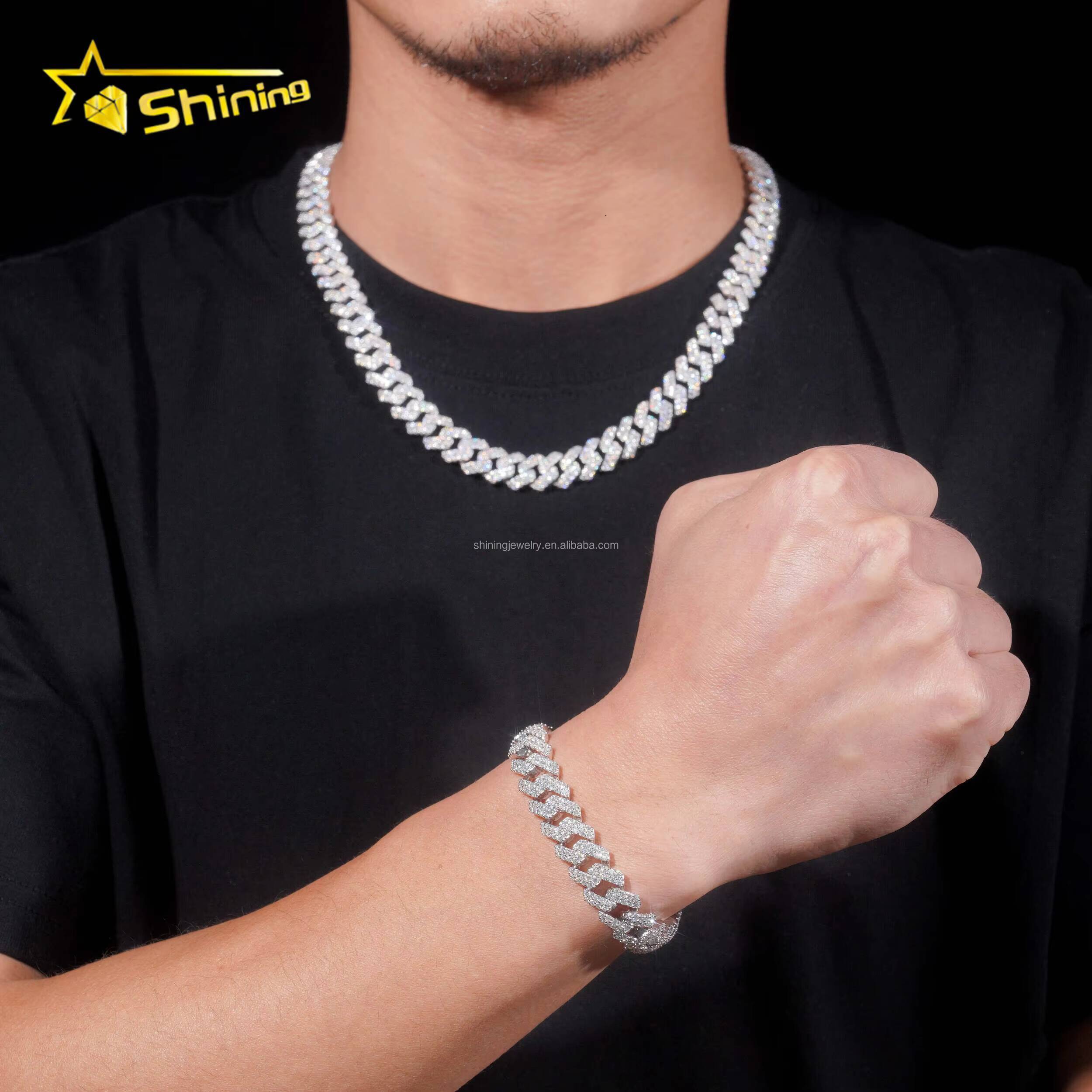 In Stock Luxury Jewelry Prong Setting 12mm Two Rows Iced Out Moissanite Diamond White S925 Sterling Silver Cuban Link Chain