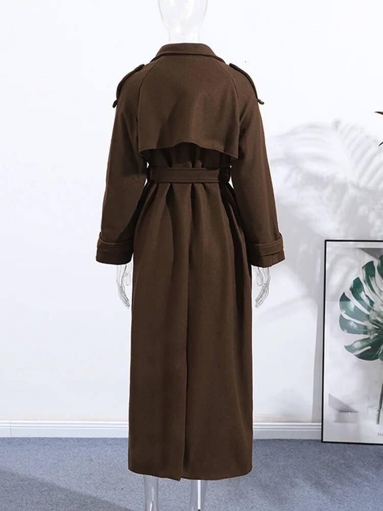 Yitimuceng Elegant Solid Double Breasted Laced Up Coat for Women Long Sleeve Jackets 2025 New Autumn Winter Wool Coats