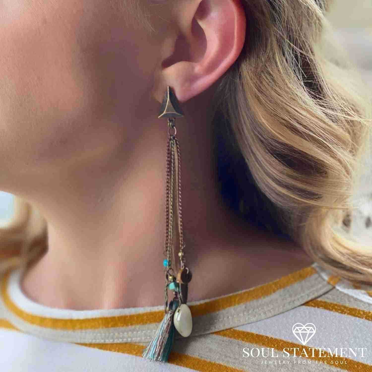 Country Western Jewelry for Women Dangle Boho Turquoise Bronze Patina Earrings with Long Copper Tassel Chains Dangle Earring Set Cowboy Chic Style Geo