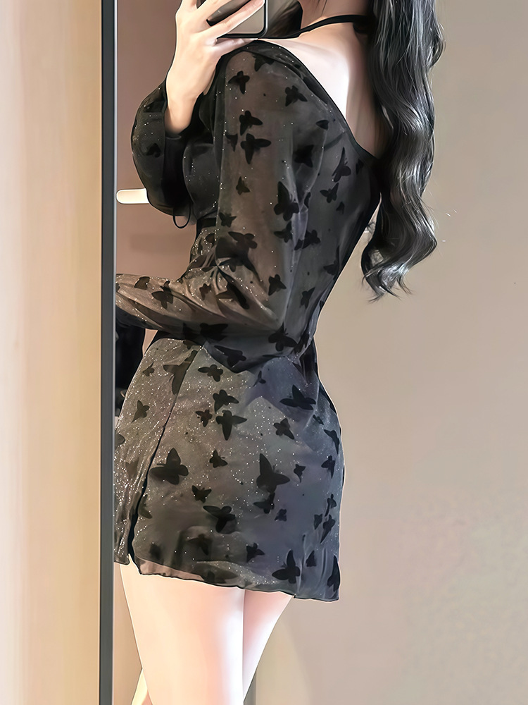 Black Butterfly Shimmer One-Piece Swimsuit for Women, Long Sleeve, Slimming, Sheer, Sexy, Small Chest, Gathered, Hot Spring