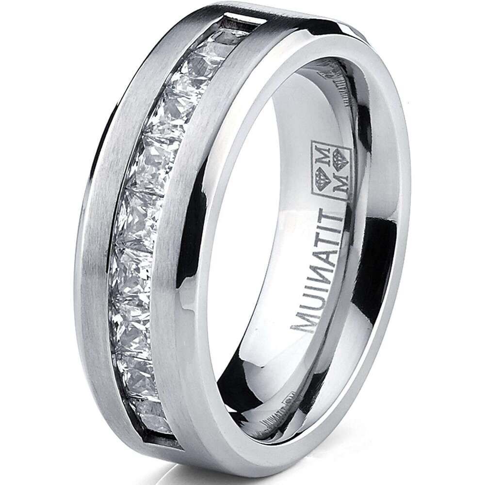 Titanium Men's Wedding Band Engagement Ring with 9 large Princess Cut Cubic Zirconia