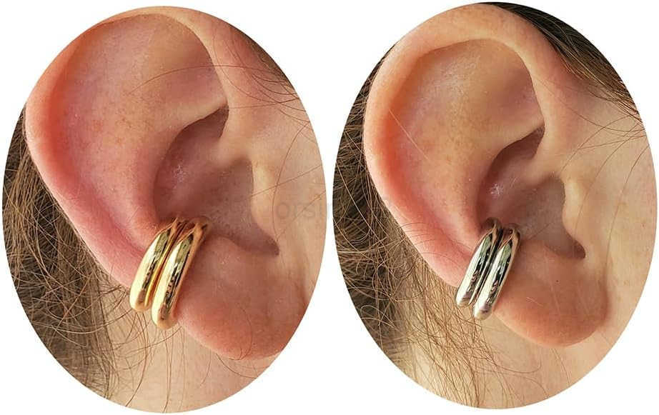 2 Pairs Ear Cuff Earrings for Women Chunky Gold Huggie Ear Cuff Silver Cartilage Cuff Earrings for Women Non Piercing Small Thick Round Fake Earring C