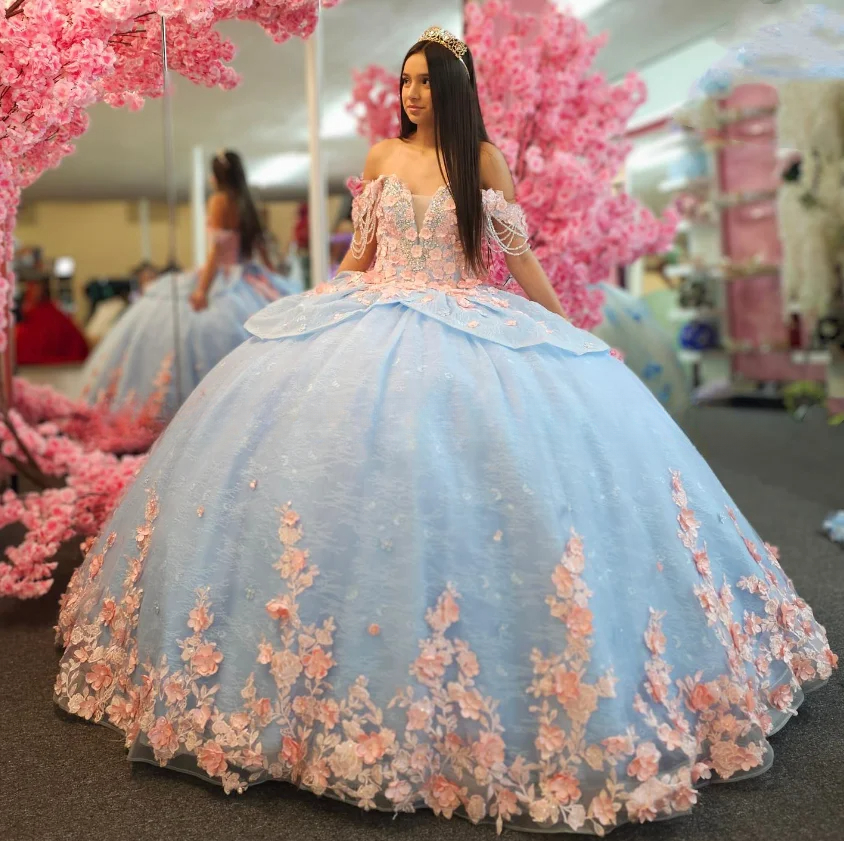 Customized Sky Blue Pink Princess Strapless lace-up Prom Dress Quinceanera Dress 15 16 Birthday Party Beaded Applique