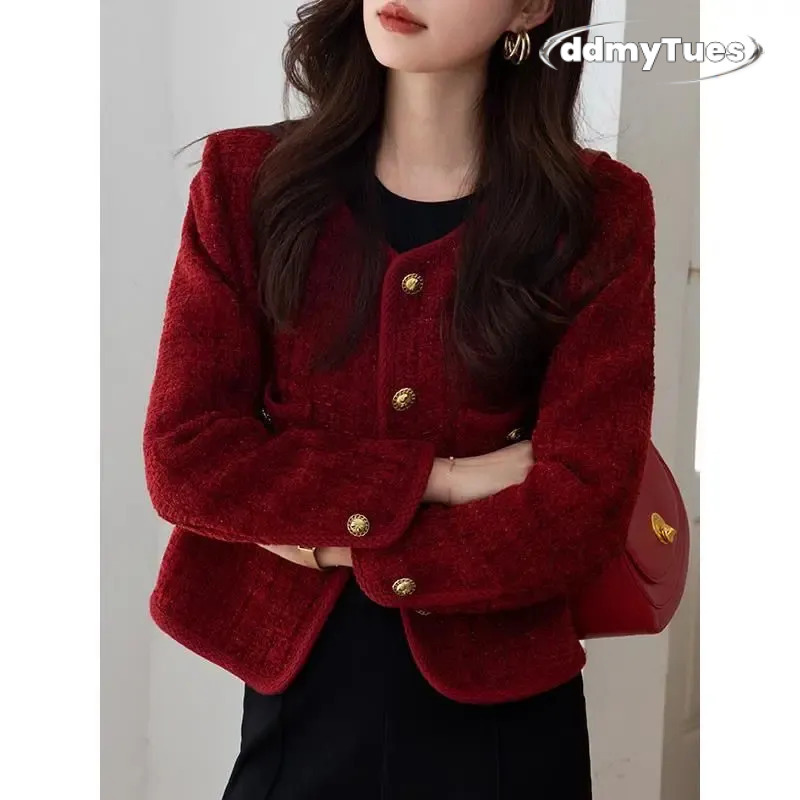 Vintage Tweed Jacket Women Autumn Red Single Breasted Short Coats Pockets Elegant Thickened Warm Female Lady Coat Mujer 240201 TUES