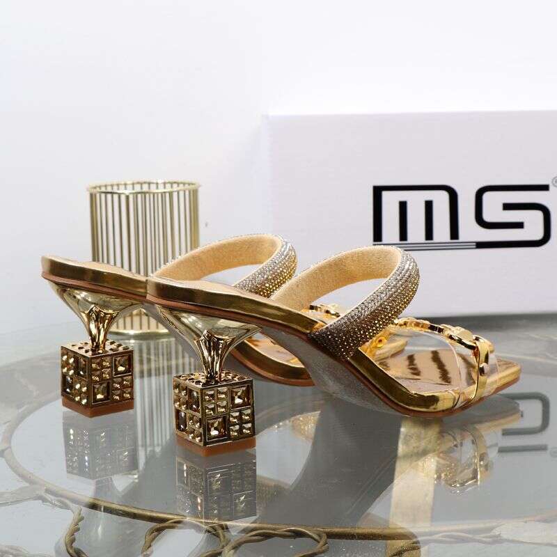 Aesthetic Gold One Word Slipper 2025 Summer New Fashion Thick Irregular Metal High Heel External Wear Sandal