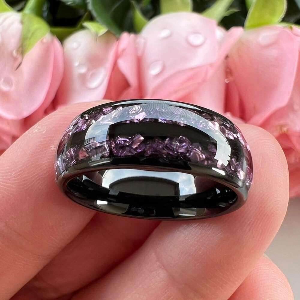 8mm Sier/Black/Gunmetal Purple Tungsten Rings for Men Women Amethyst Inlay Fashion Engagement Promise Wedding Band Polished Comfort Fit