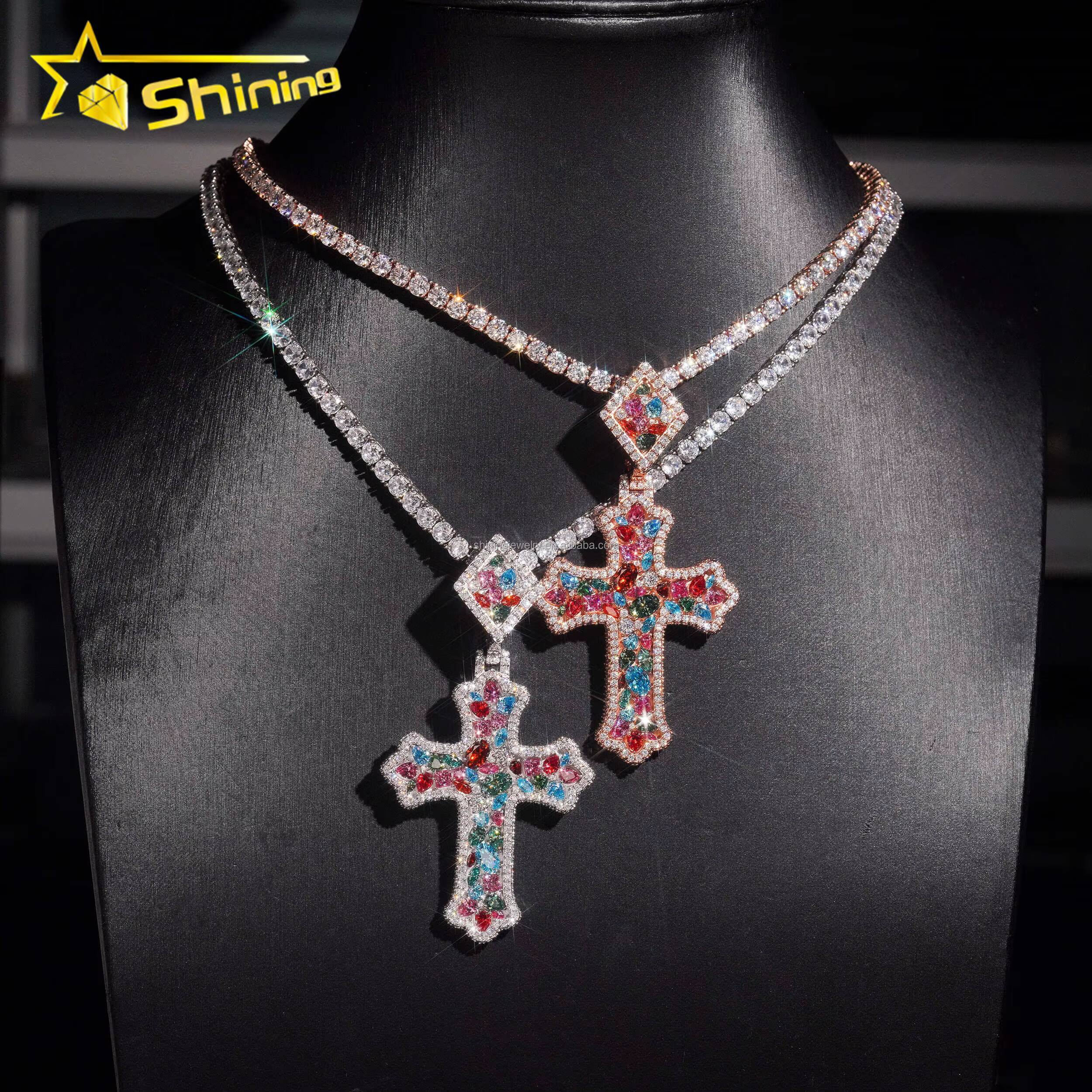 Pass Diamond Tester 100 Hip Hop Stylish Rapper Jewelry Colorful Pear Moissanite Diamond S925 Silver Iced Out Man Cross Pendant