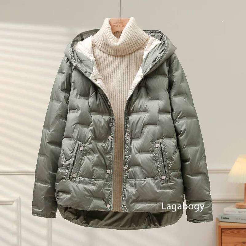 Lagabogy 2025 Autumn Winter Women White Duck Down Coat Casual Single Breasted Hooded Jacket Female Light Puffer Parka Outwear