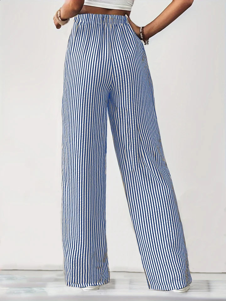 Womens Striped Wide Leg Pants High Waist Drawstring Casual Trousers with Side Pockets Straight Lounge 250911