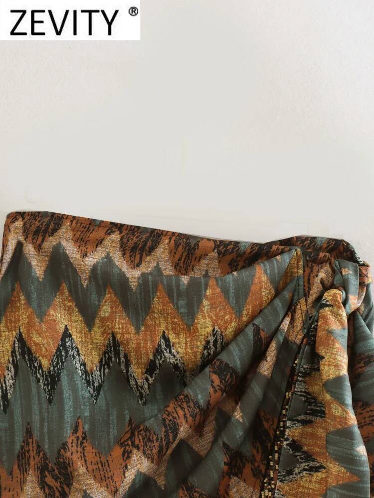 Zevity Women Vintage Geometric Print Knotted Mini Sarong Skirt Faldas Mujer Female Beading Tassel Casual Zipper Vestidos QUN1436 dongdumaoyi