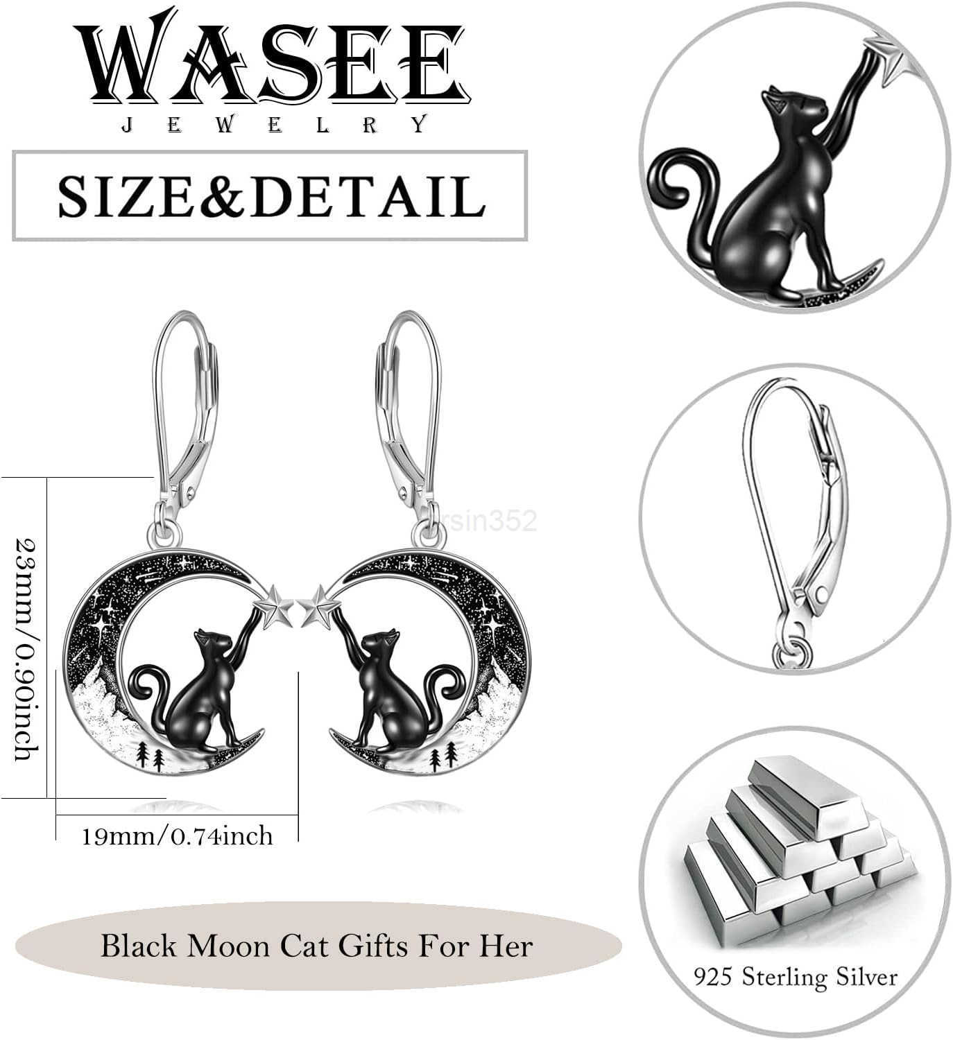 Black Cat4th of JulyBatSpiderPumpkinWolfBunnySun and MoonTurtleRaven 925 Sterling Silver Leverback Dangle Earrings Moon Gothic Christmas Earrings JeW2