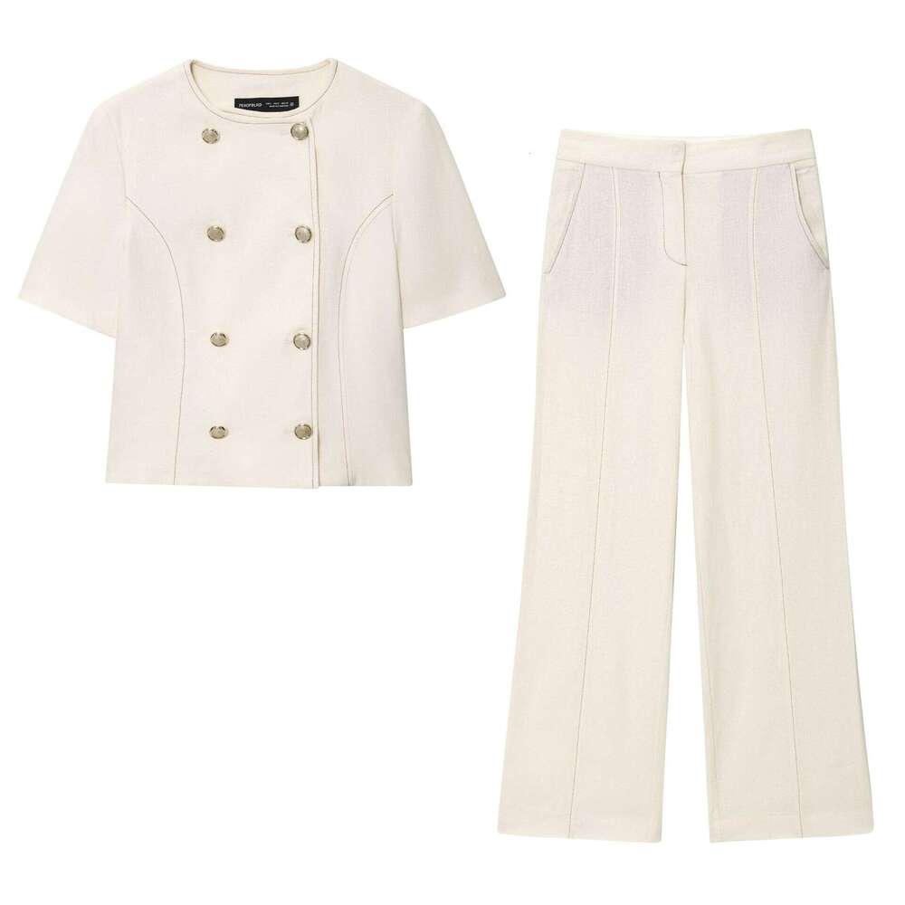 DHEssentials Women's Autumn Round Neck Linen Blend Line Chanel Style Short Sleeve Blazer + Draped Straight Solid Color Stitched Pants