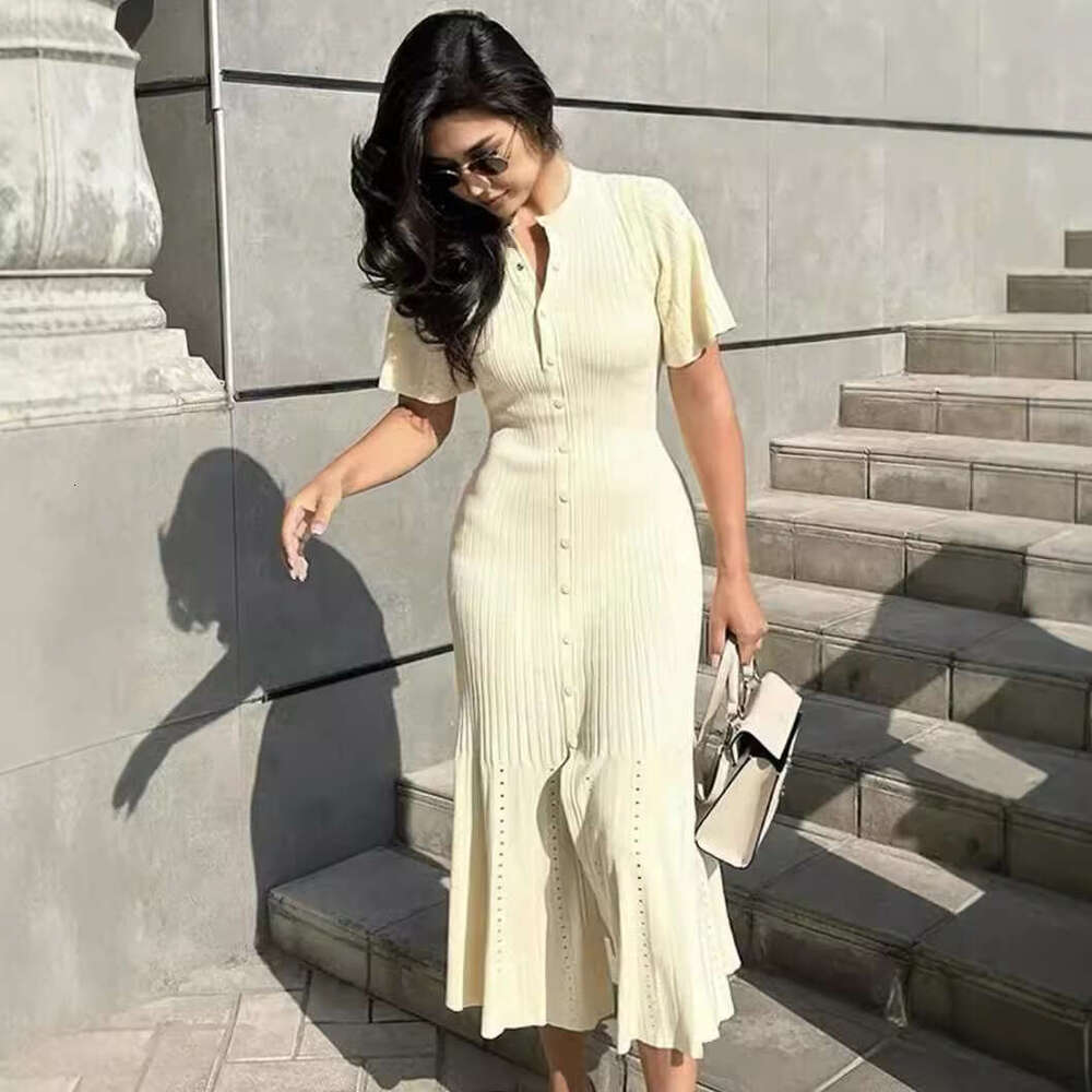 DHEssentials 2024 New Women's Fashion Small Chanel Style Lace Sleeve Single-Breasted Long Knitted Mermaid Dress
