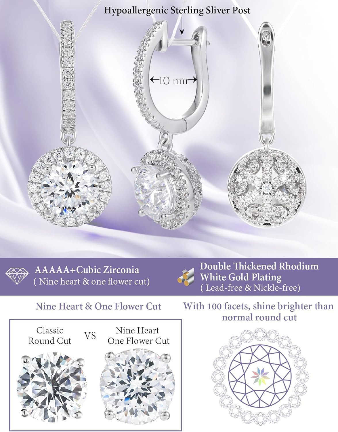 Round Cubic Zirconia Dangle Earrings for Women in White Gold Plated Cz Halo Design and Half Ball Ear Drops with Paved Simulated Diamond Lever Back and