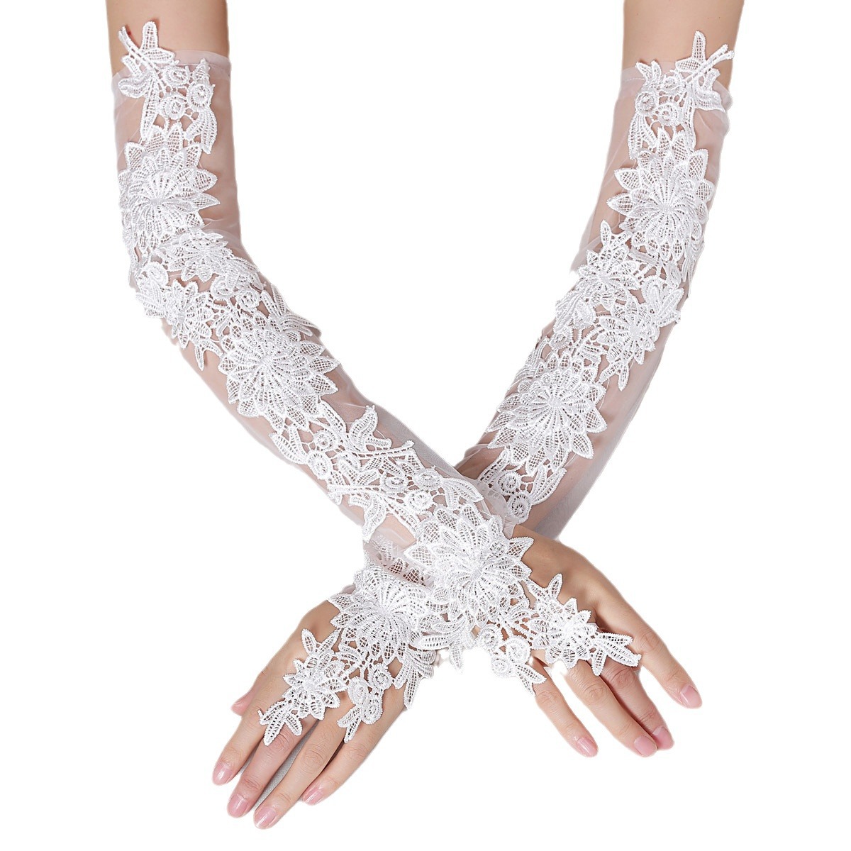 Chic Bridesmaid Attire: Seamless Fingerless Black Lace Wedding Gloves Extending Up to the Elbows