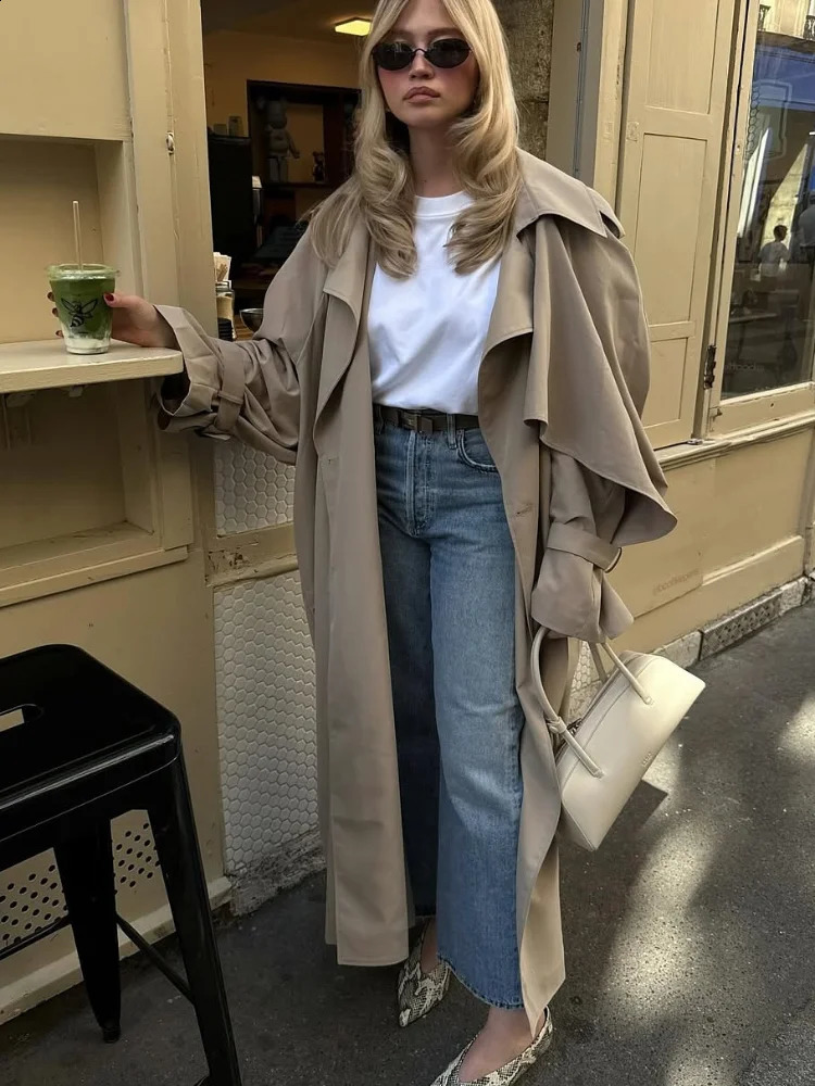 Women Casual Lace Up Long Trench Coat Chic Solid Color Full Sleeve Lapel Windbreaker Fashion Loose Commute Jackets 250911