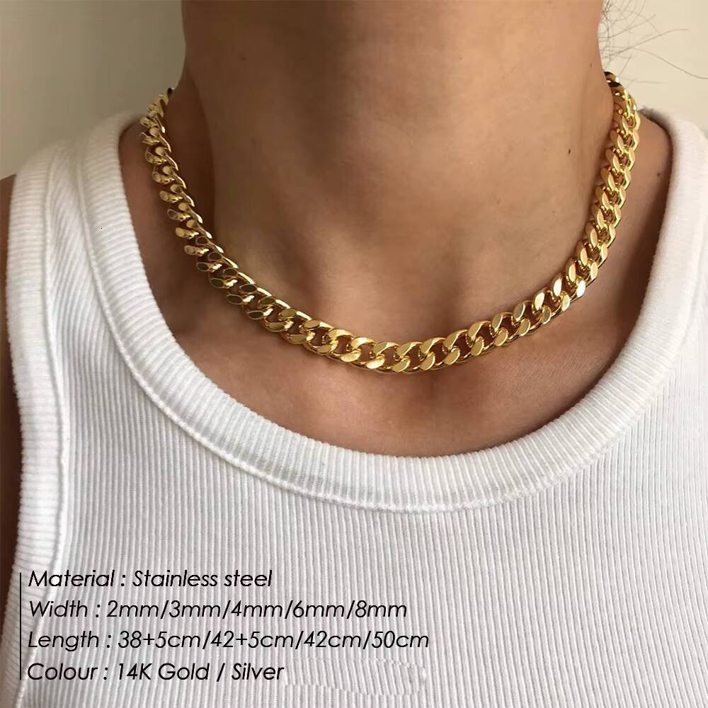 EManco Stainless Steel Womens Cuban Link Chain Necklace Hip Hop Punk Choker Colar Anniversary 2MM3MM4MM6MM8MM Sizes