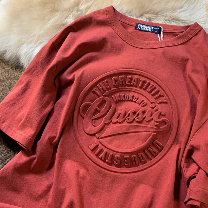 Men's 3D Embossed 100% Cotton Short Sleeve T-Shirt, Custom Style, Anti-Shrink, Black/Red Selectable