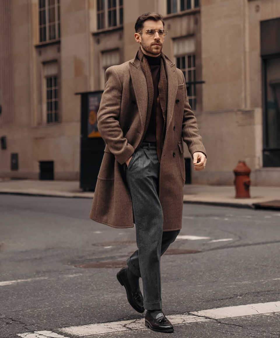 Warm Men Coat Peaked Lapel Double Breasted Wool Blends Causal Long Overcoat Autumn Winter Jacket Customized