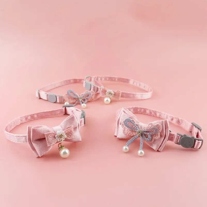 Pink Lace Bow Hanging Bead Pet Collar for Cats & Dogs with Bell Stylish Cat & Dog Accessory