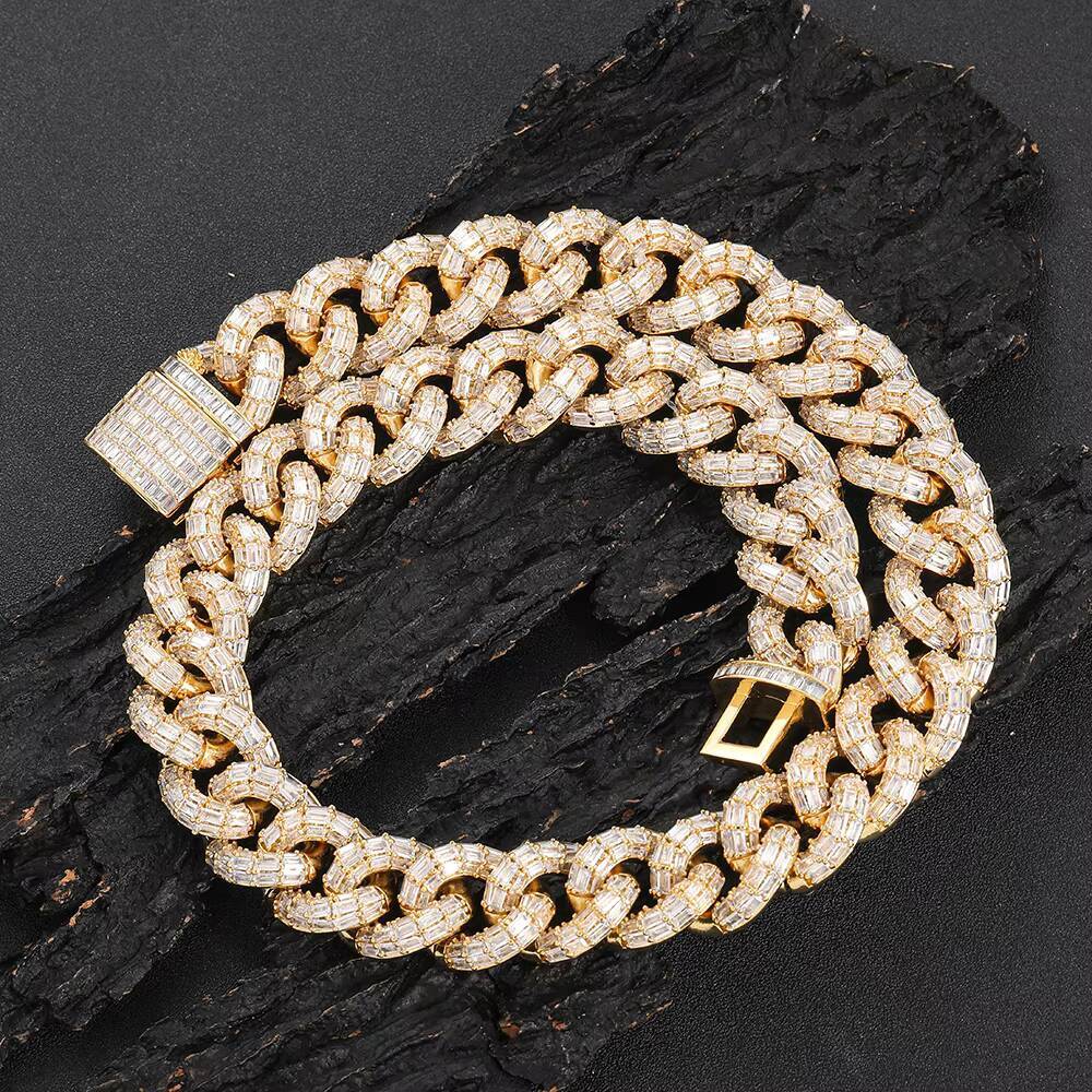 NUOYA High Quality Hip Hop Two Tone Cuban Link Necklace Women Baguette CZ Diamond Chunky Chain Brass Necklace for Men Woman