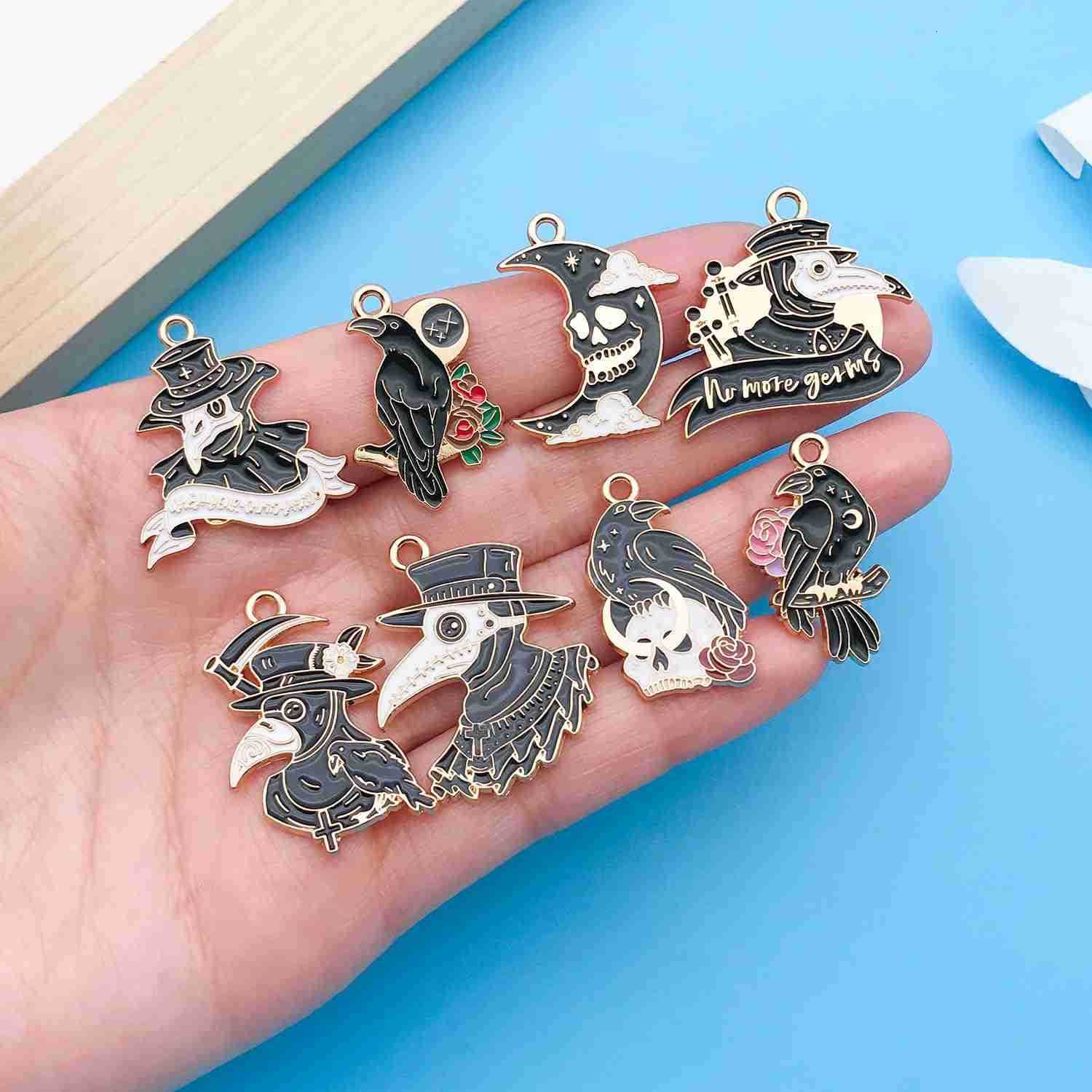 24Pcs Alloy Drip Oil Halloween Crow Series Pendant Jewelry Making DIY Keychain Earrings Pendant Various Design Charms for Jewelry Making s NecklaW2509