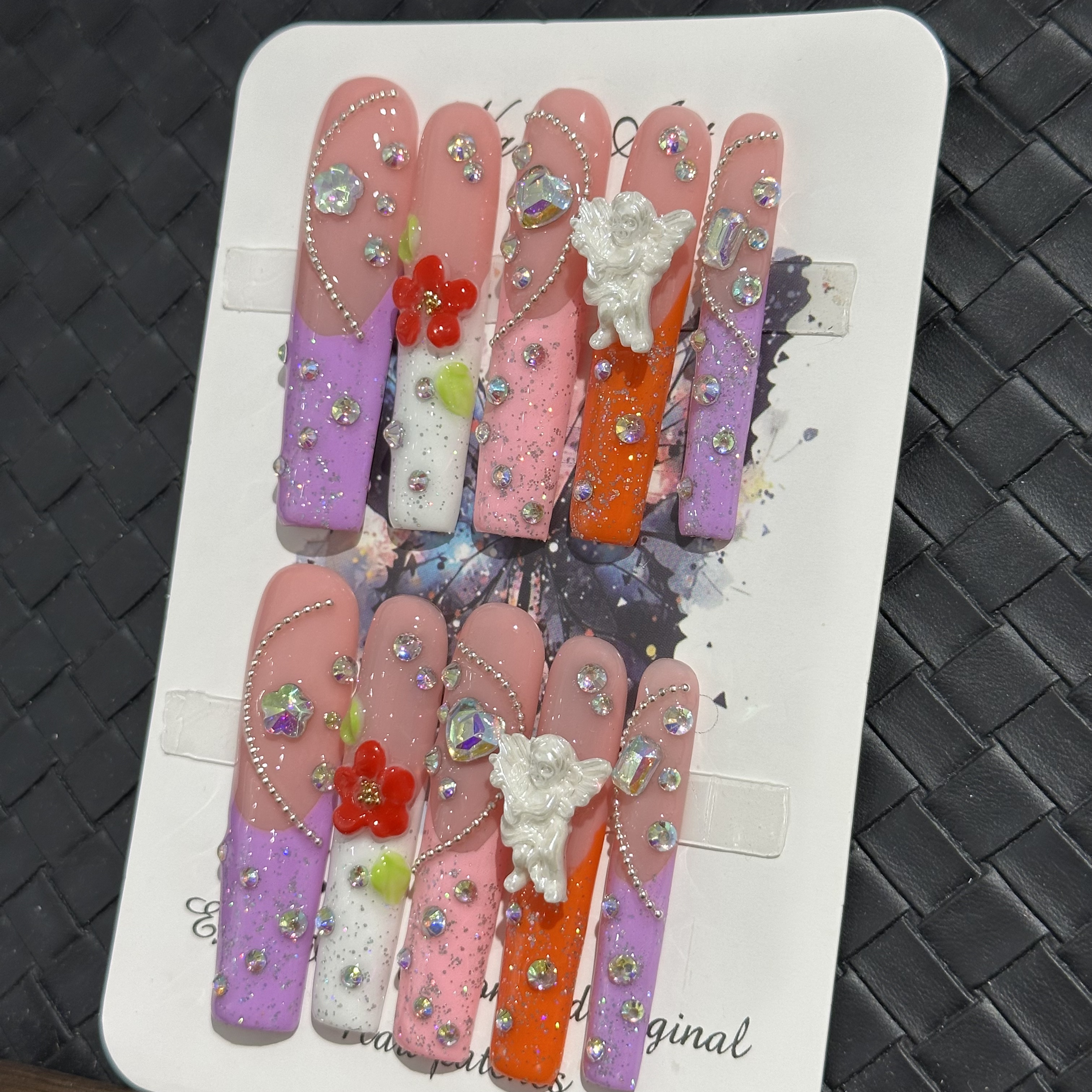 Fake nails, pink flower angel diamonds, hand drawn, trendy and fashionable, European and American Instagram style, extra long, handmade