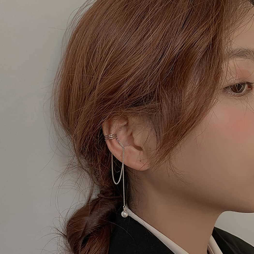 925 Sterling Silver No Piercing Cuff Earrings Chain for Women Wrap Earrings Pearl Tassel Clip On EarW250911