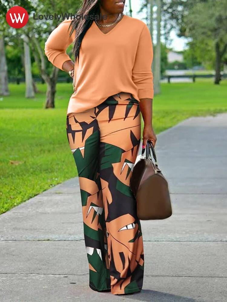 LW Plus Pants 2 Piece Outfits for Women 2025 Spring V Neck Mixed Plant Print Pant Suit Woman Casual Large Size Trousers Set