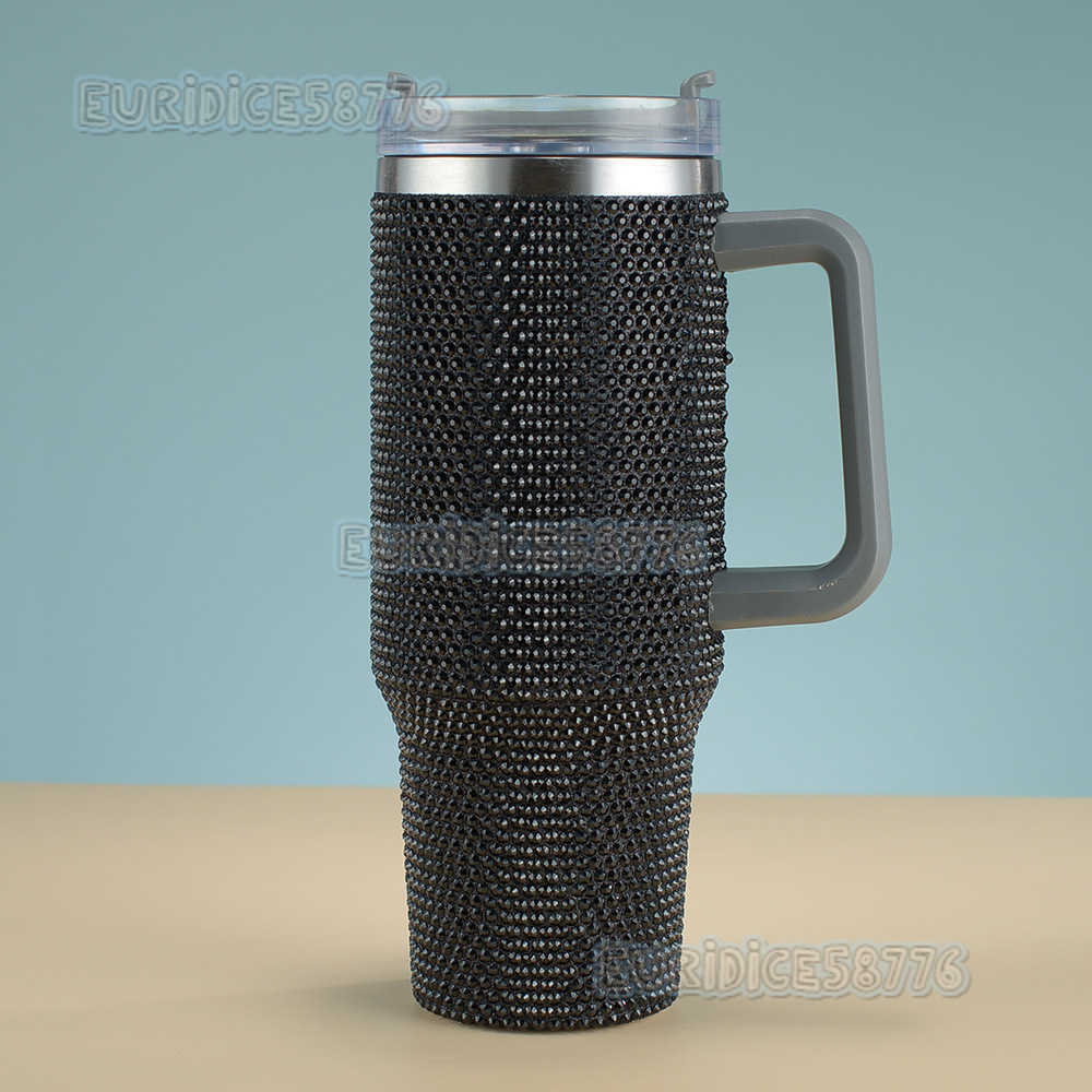 40oz Handle Cup Large Capacity 304 Stainless Steel Handmade Rhinestone Car Cup H250911